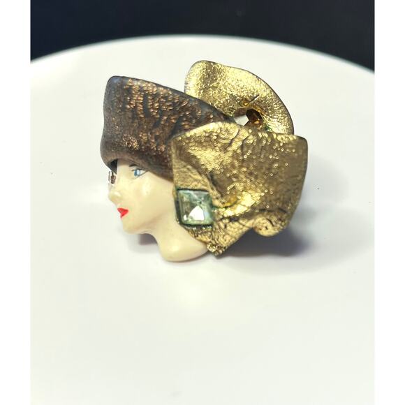 Floosie Jewelry - Vintage Artisan Flossie 1992 Art Deco Style Woman's Face Brooch Pin